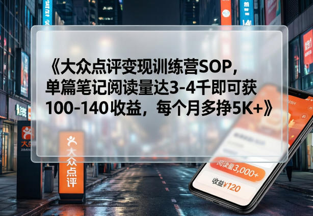 大众点评变现训练营SOP，单篇笔记阅读量达3-4千即可获100-140收益，每个月多挣5K+-青禾学社