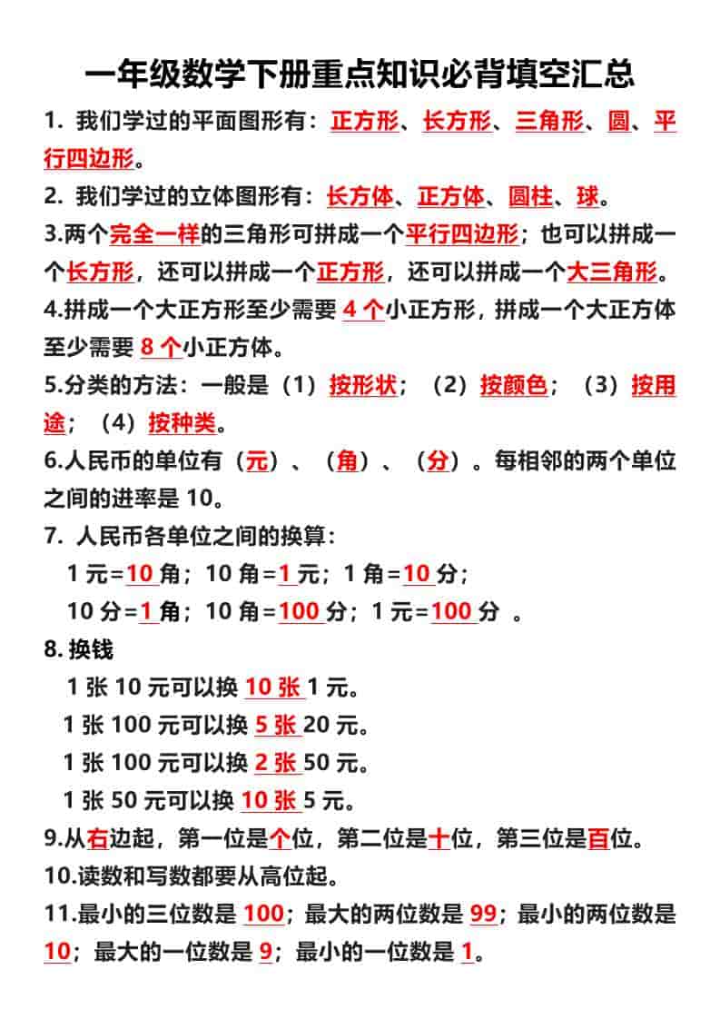 一年级下数学重点必背填空汇总-青禾学社