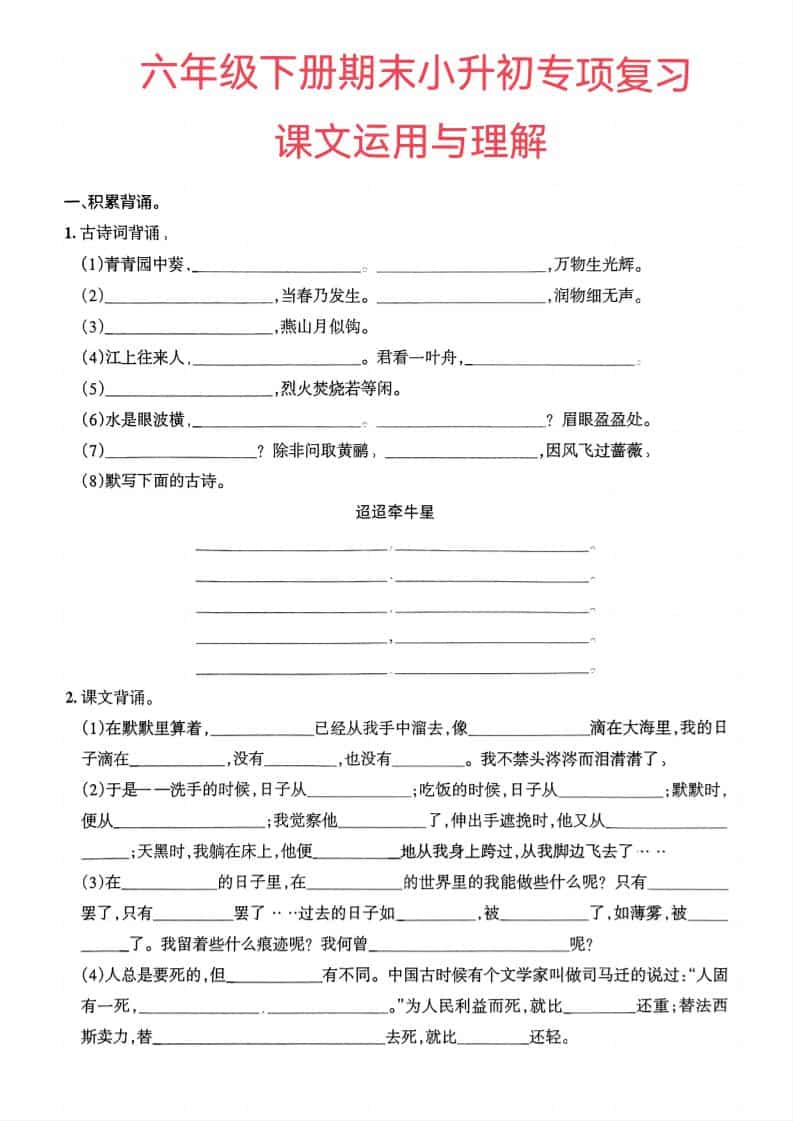 六年级下语文小升初课文运用与理解专项练习-青禾学社