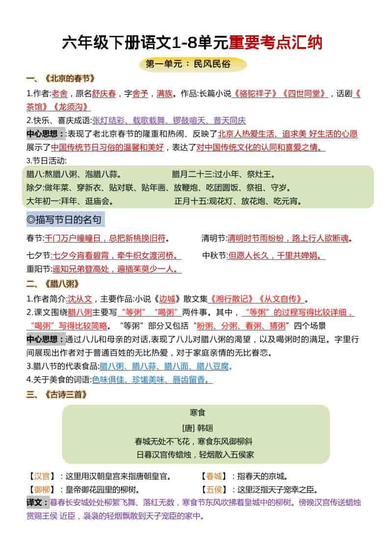 六年级下语文1-8单元重要考点汇总-青禾学社