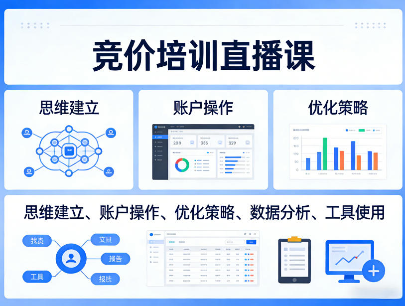 竞价培训直播课，覆盖思维建立、账户操作、优化策略、数据分析、工具使用等，全方位提升效果-青禾学社