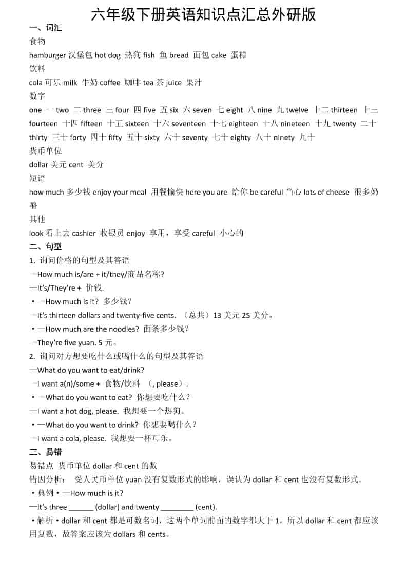 六年级下英语知识点汇总《外研版》-青禾学社