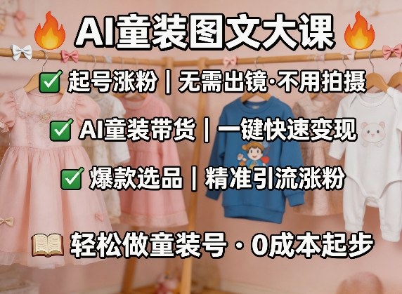 AI童装图文剪辑，某社群童装图文大课，起号涨粉、AI童装带货、爆款选品，无需出镜和拍摄-青禾学社