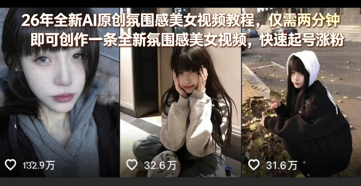 26年全新AI原创氛围感美女视频教程，仅需两分钟即可创作一条全新氛围感美女视频，快速起号涨粉-青禾学社