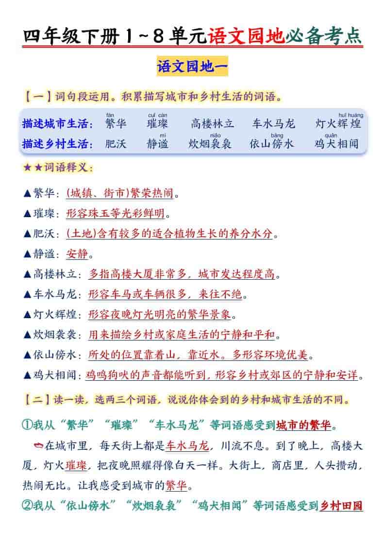 四年级下语文园地1-8单元必备考点-青禾学社