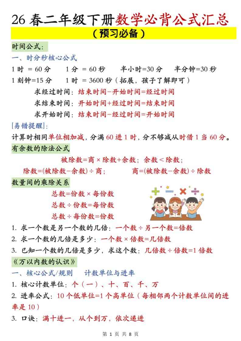 二年级下数学必背公式汇总《人教版》-青禾学社