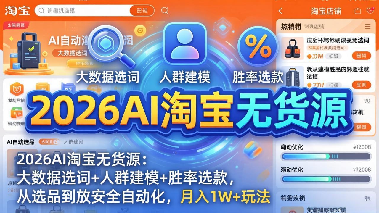 2026AI淘宝无货源：大数据选词+人群建模+胜率选款，从选品到放大全自动化，月入1W+玩法-青禾学社