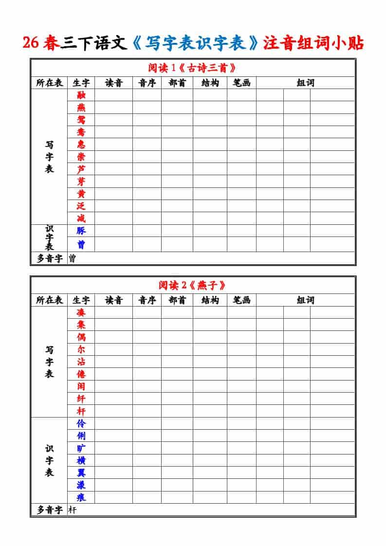 三年级下语文26春《写字表识字表》注音组词小贴-青禾学社