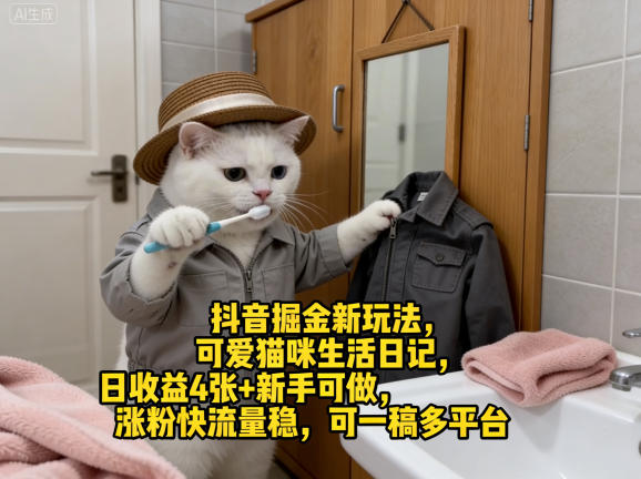 抖音掘金新玩法，可爱猫咪生活日记，日收益4张+新手可做，涨粉快流量稳，可一稿多平台-青禾学社
