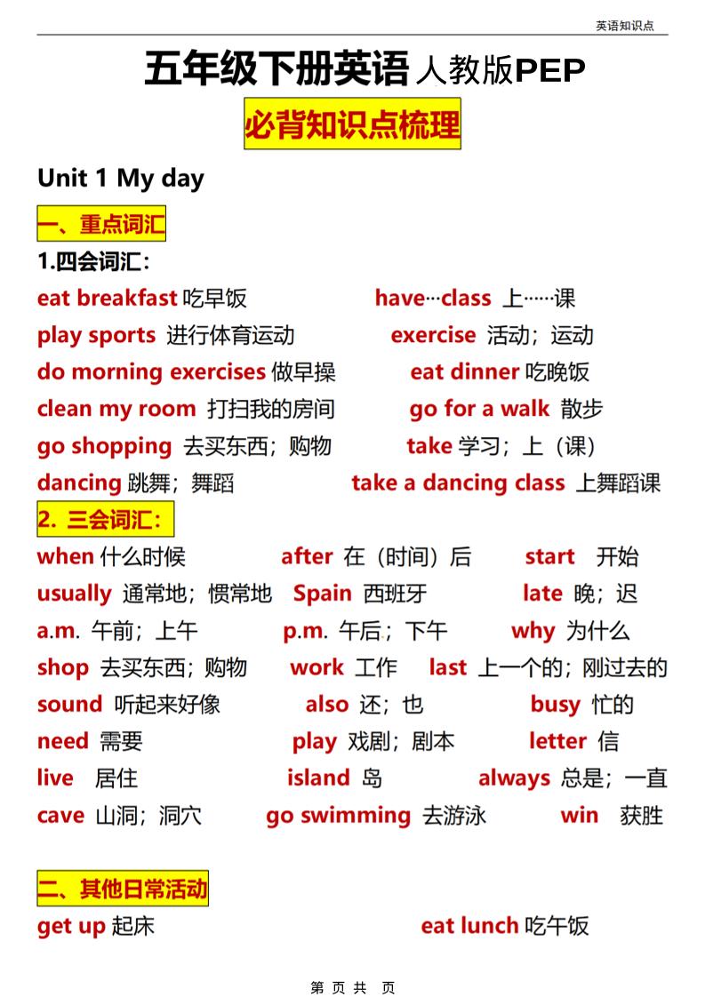 五年级(下）英语全册知识点汇总《人教版PEP》-青禾学社