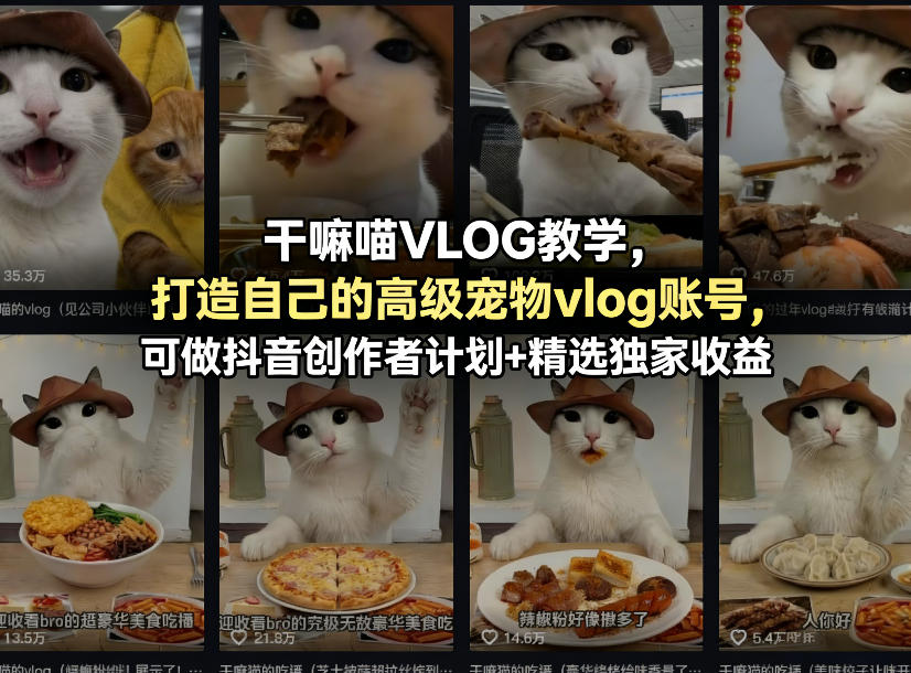 干嘛喵VLOG教学，打造自己的高级宠物vlog账号，可做抖音创作者计划+精选独家收益-青禾学社