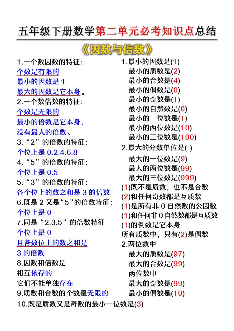 五年级下数学第二单元必考知识点总结-青禾学社