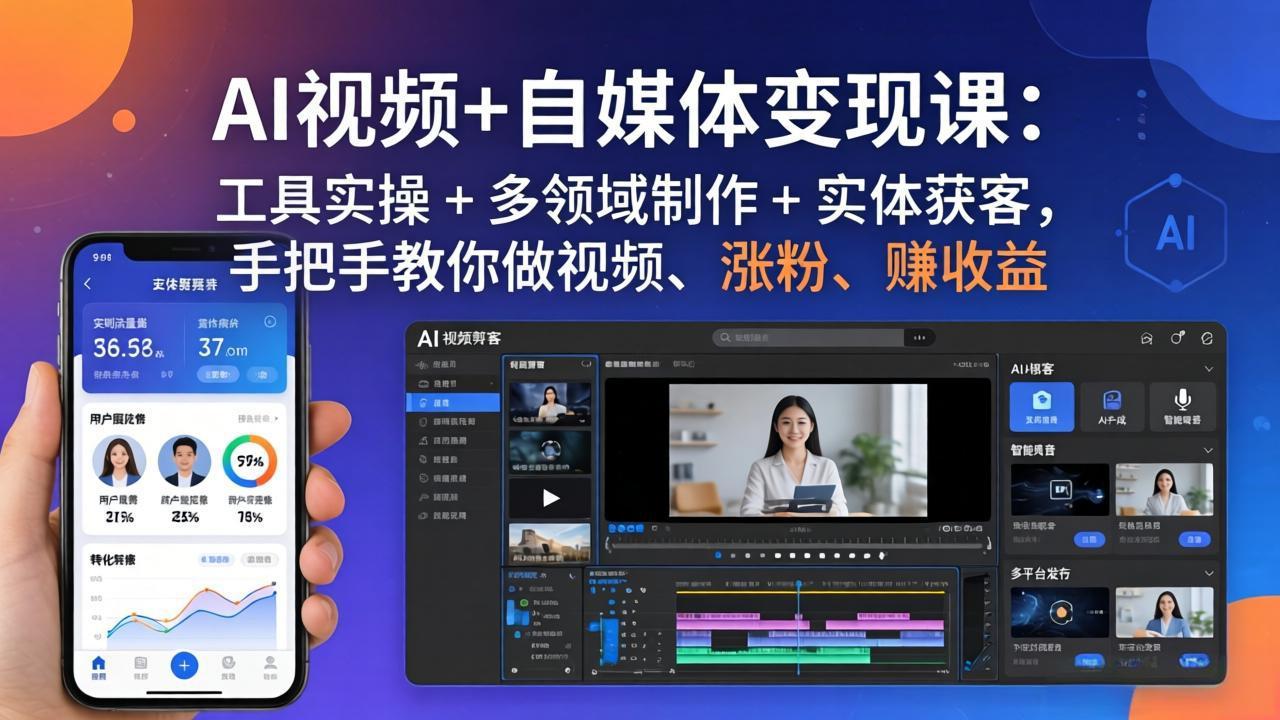 AI视频+自媒体变现课：工具实操 + 多领域制作 + 实体获客，手把手教你做视频、涨粉、赚收益-青禾学社