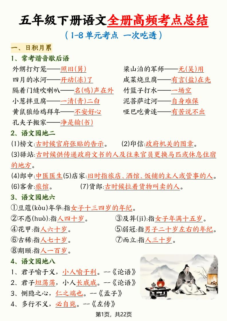 五年级下语文全册高频考点总结-青禾学社