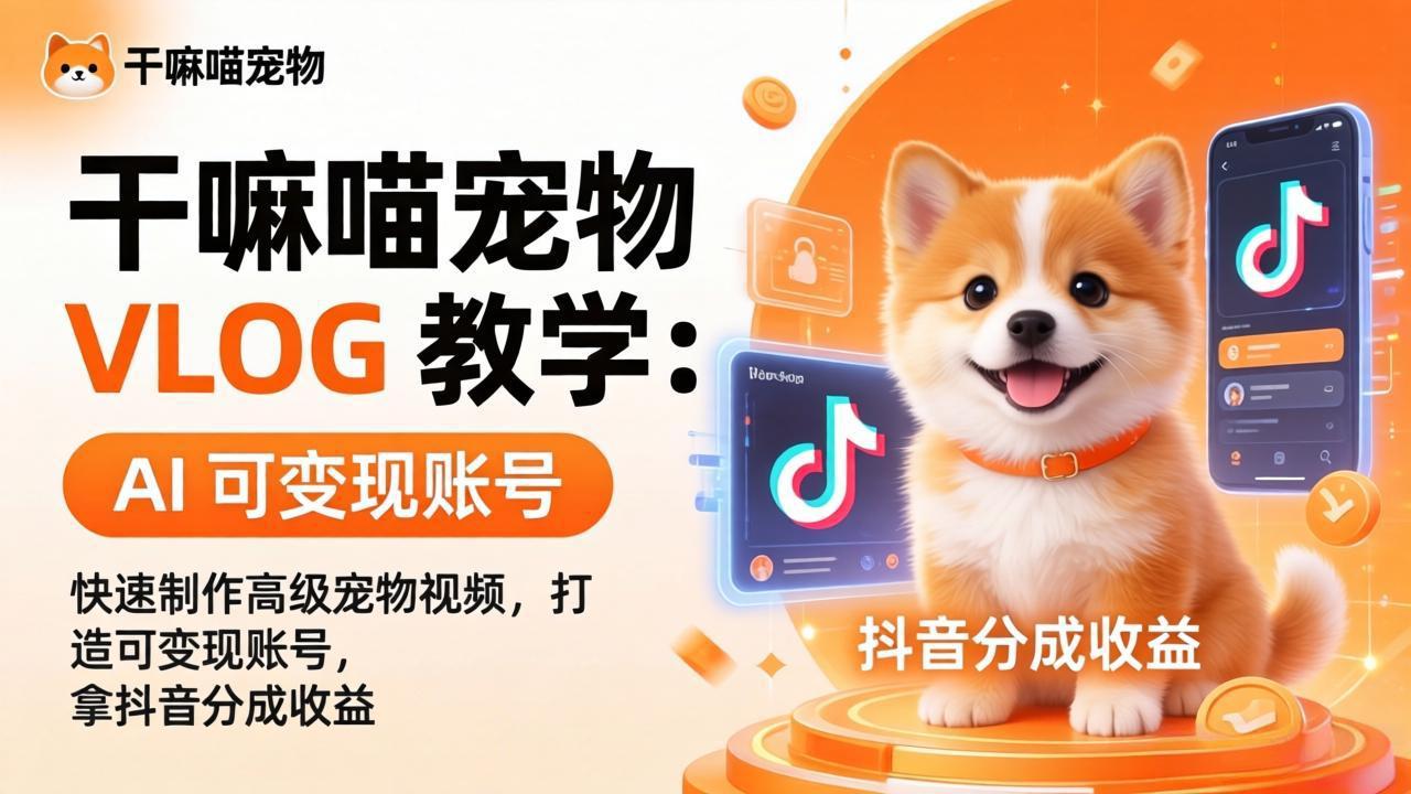 干嘛喵宠物 VLOG 教学：AI 快速制作高级宠物视频，打造可变现账号，拿抖音分成收益-青禾学社