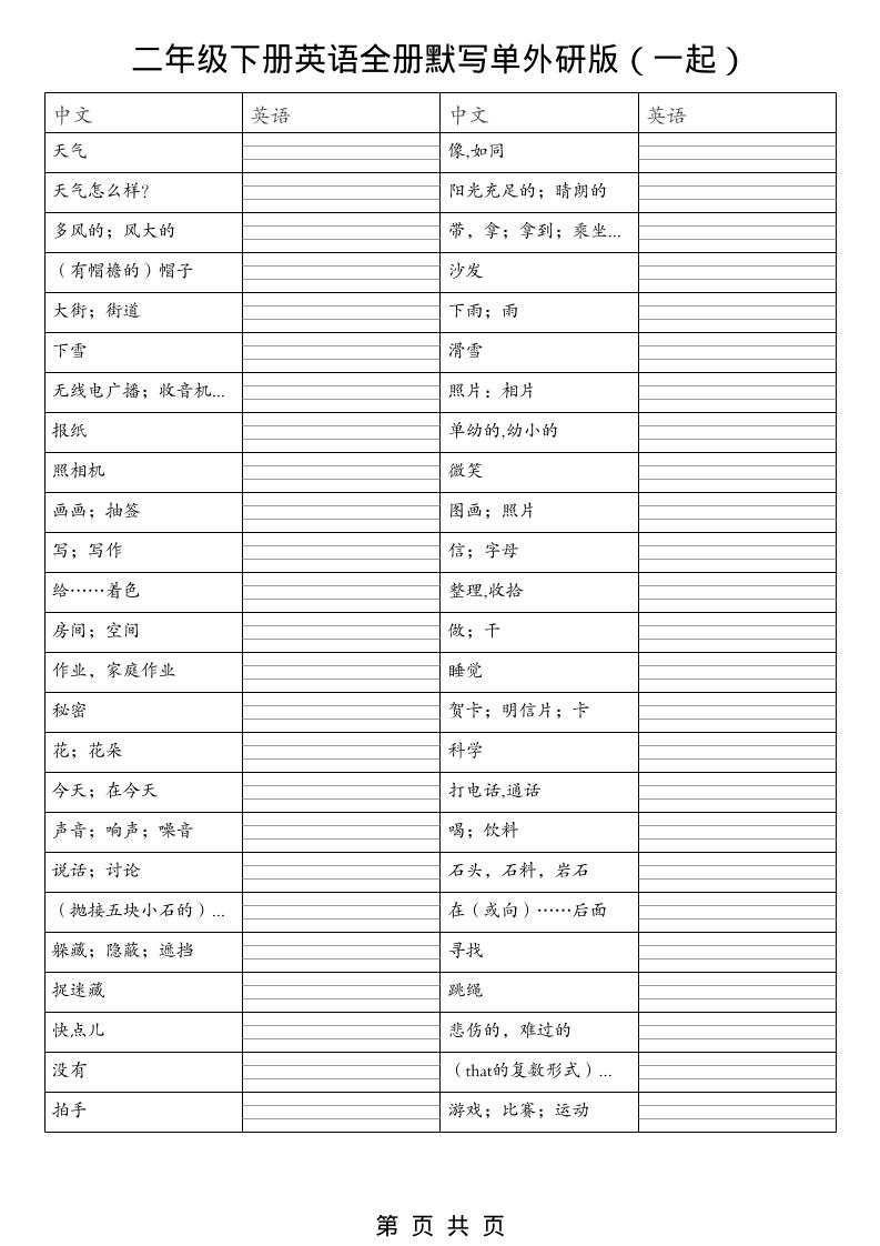 二年级下英语全册默写单（看中写英）《外研版（一起）》-青禾学社