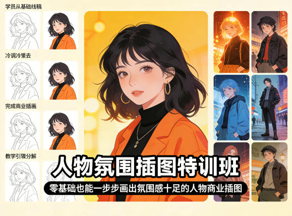 人物氛围插图特训班，零基础也能一步步画出氛围感十足的人物商业插图-青禾学社