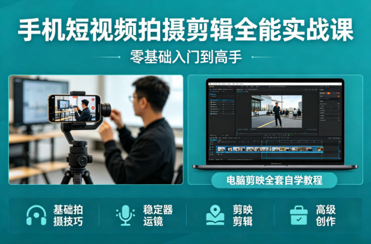 手机短视频拍摄剪辑全能实战课：零基础入门到高手，稳定器运镜+电脑剪映全套自学教程-青禾学社