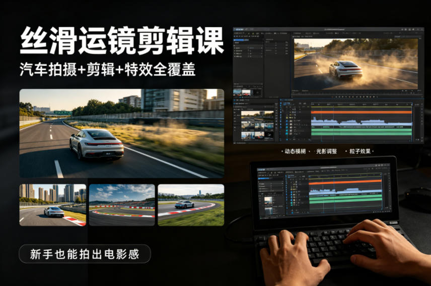 大叔丝滑运镜剪辑课，汽车拍摄+剪辑+特效全覆盖，新手也能拍出电影感-青禾学社