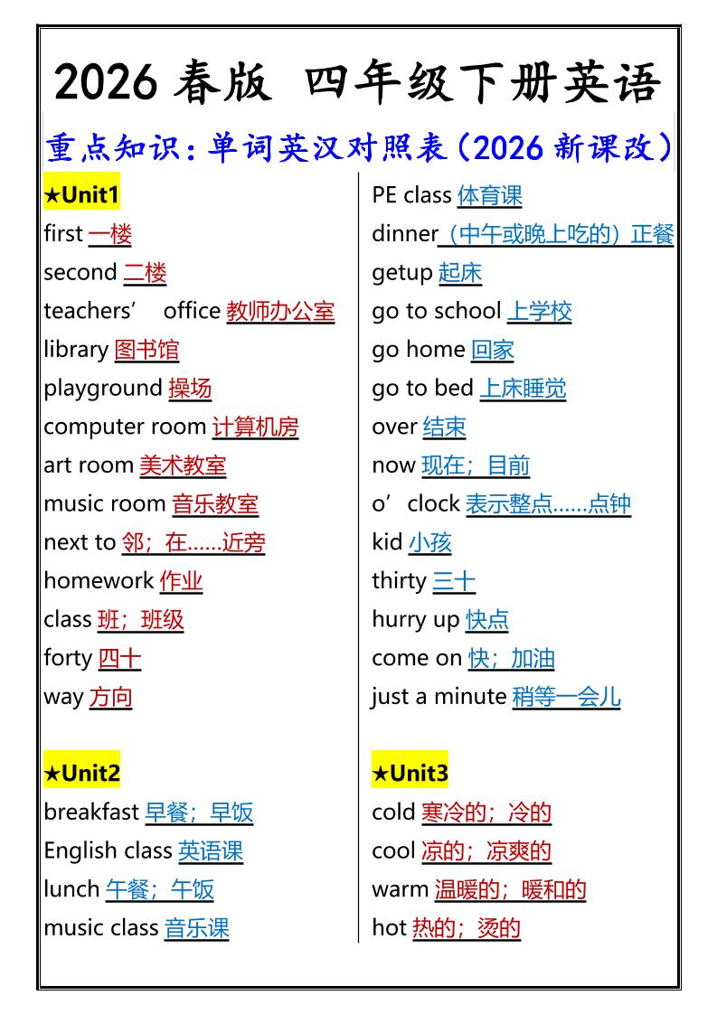 2026春新版四年级下英语重点知识：单词英汉对照表《人教版PEP》-青禾学社