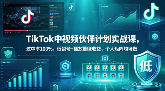 TikTok中视频伙伴计划实战课，过中率100%，低封号+播放量賺收益，个人矩阵均可做-青禾学社
