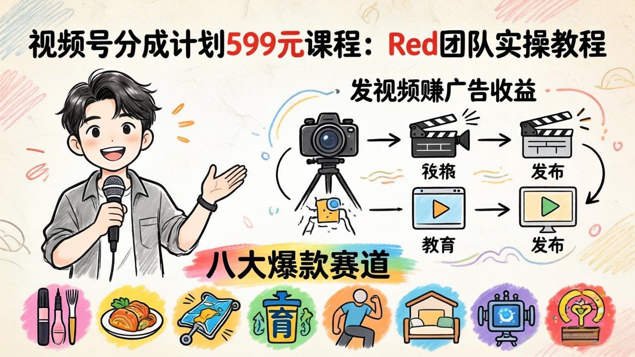 视频号分成计划599元课程：Red团队实操教程，发视频赚广告收益，八大爆款赛道全掌握-青禾学社