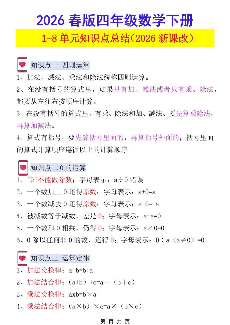 2026春新版四年级下数学1-8单元知识点总结《人教版》-青禾学社