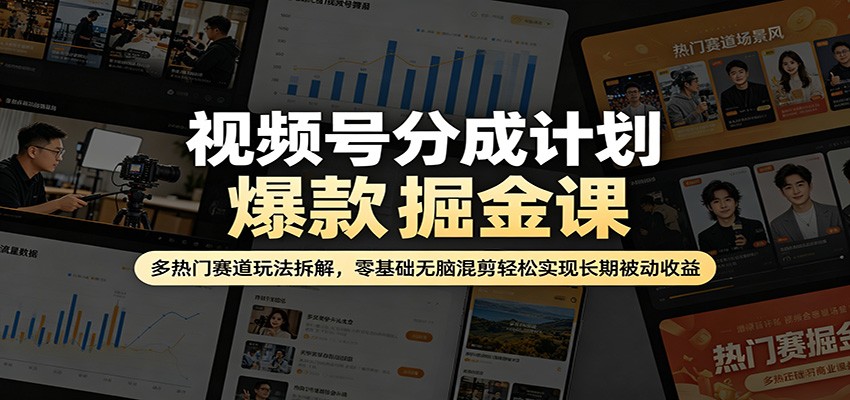 视频号分成计划爆款掘金课：多热门赛道玩法拆解，零基础无脑混剪轻松实现长期被动收益-青禾学社