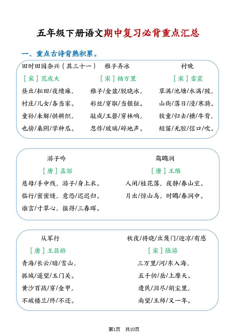 五年级下语文期中复习重点知识点汇总1-青禾学社