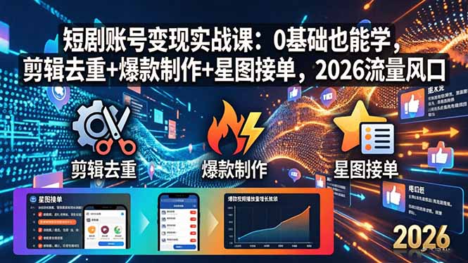 短剧账号变现实战课：0基础也能学，剪辑去重+爆款制作+星图接单，2026流量风口-青禾学社