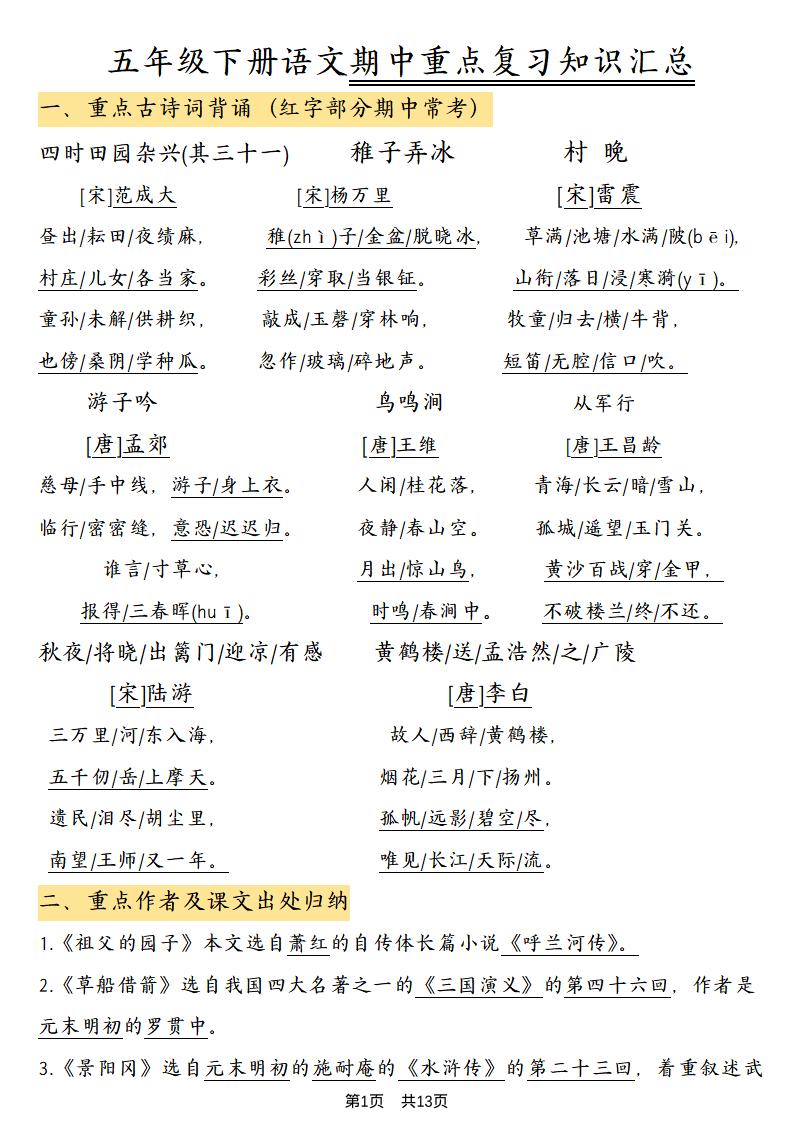 五年级下语文期中重点复习知识汇总-青禾学社