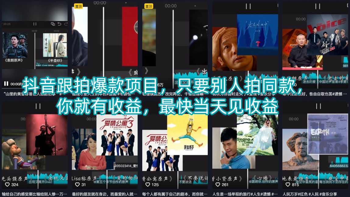 抖音跟拍爆款项目，只要别人拍同款，你就有收益，最快当天见收益-青禾学社