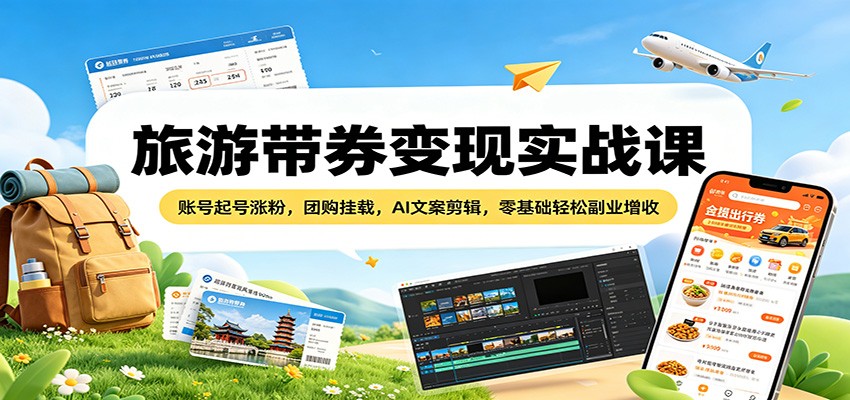 旅游带券变现实战课：账号起号涨粉，团购挂载，AI文案剪辑，零基础轻松副业增收-青禾学社