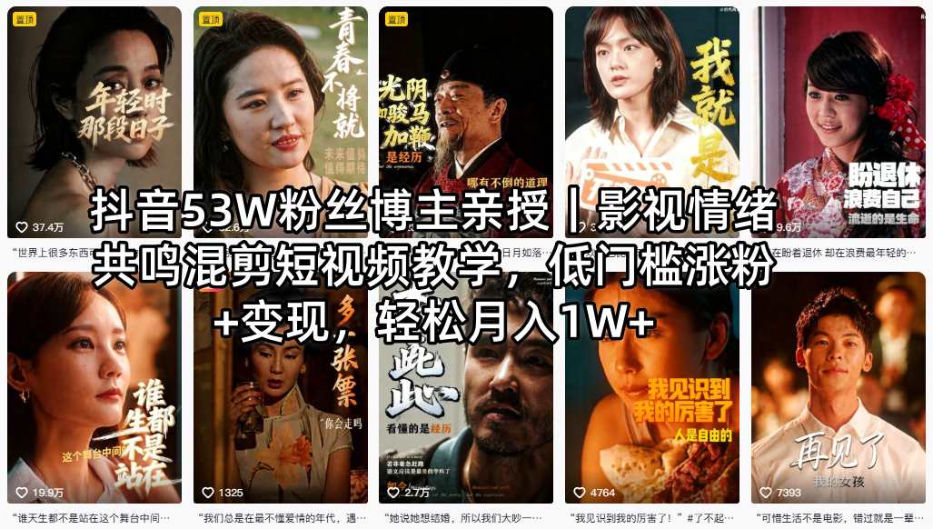 抖音53W粉丝博主亲授｜影视情绪共鸣混剪短视频教学，低门槛涨粉+变现，轻松月入1W+-青禾学社