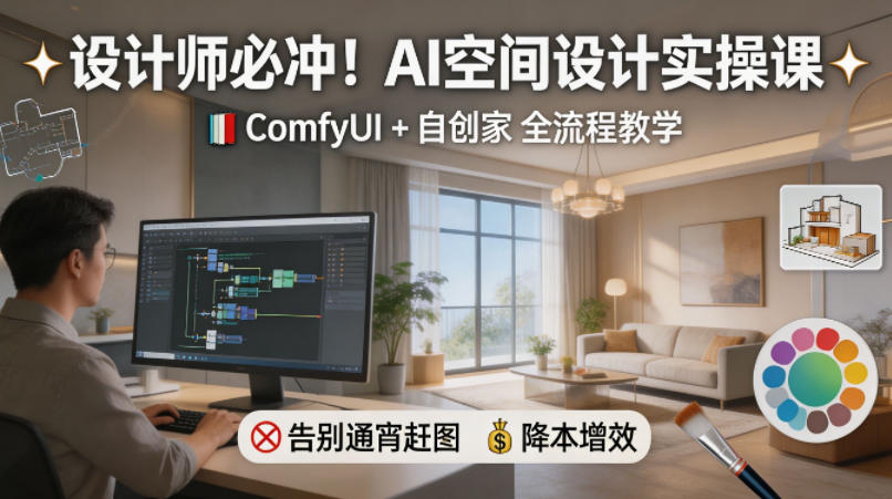 设计师必冲！AI空间设计实操课，ComfyUI+自创家全教学，告别通宵赶图，降本增效-青禾学社