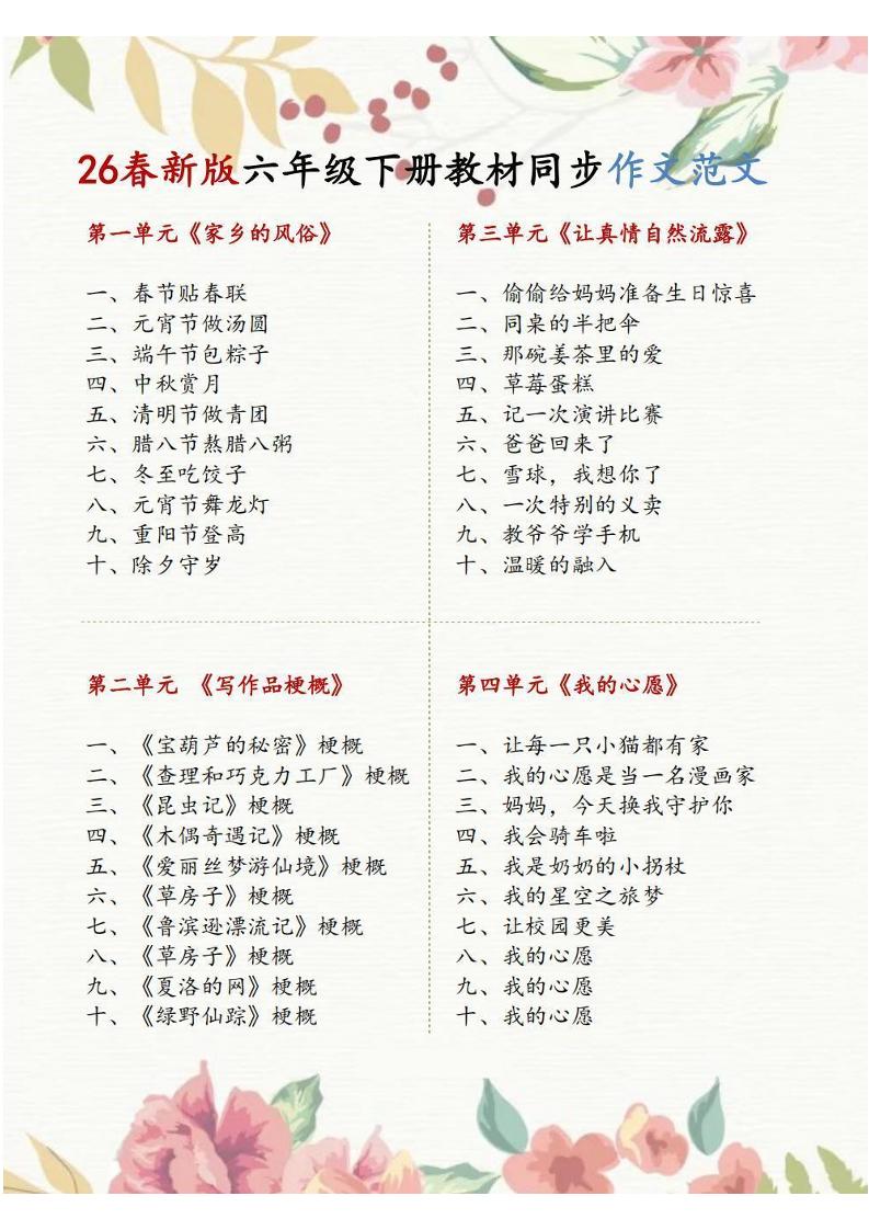 六年级下语文1-8单元同步作文范文-青禾学社