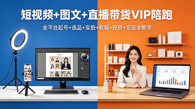 短视频+图文+直播带货VIP陪跑，全平台起号+选品+实拍+剪辑+投放+变现全教学-青禾学社