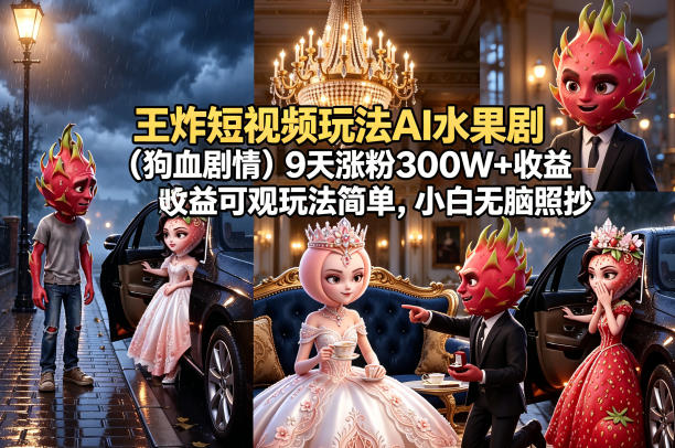 王炸短视频玩法AI水果剧(狗血剧情)9天涨粉300W+收益可观玩法简单,小白无脑照抄,详细拆解玩法-青禾学社
