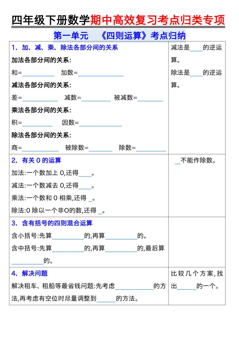 四年级下数学期中复习考点归类专练-青禾学社
