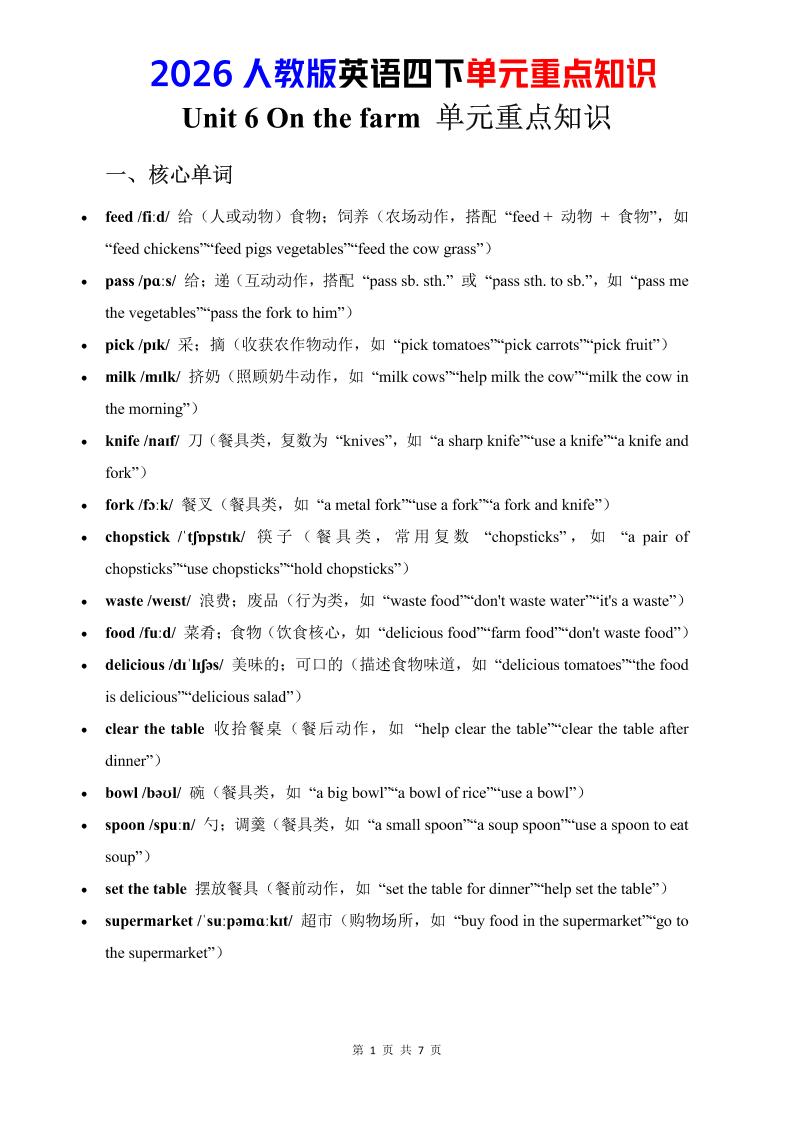 四年级下英语Unit6重点知识汇总《人教版PEP》-青禾学社