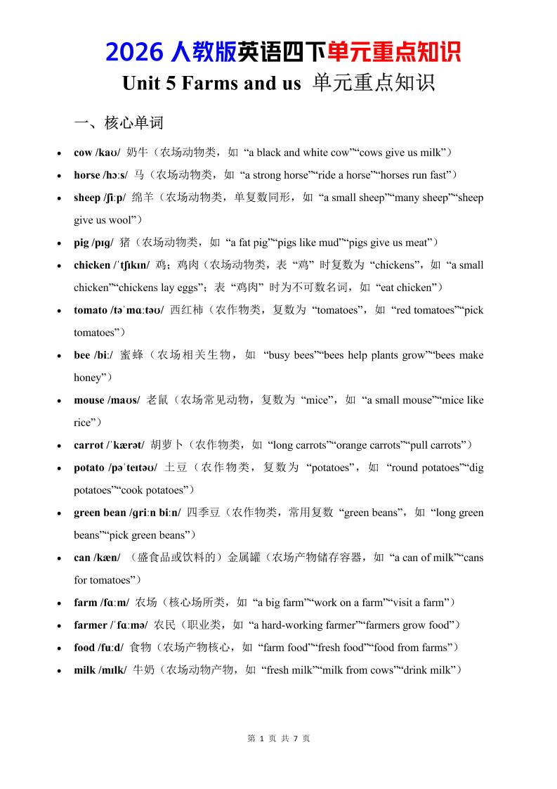 四年级下英语Unit5重点知识汇总《人教版PEP》-青禾学社