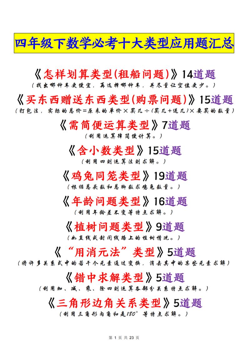 四年级下数学必考十大类型应用题汇总-青禾学社