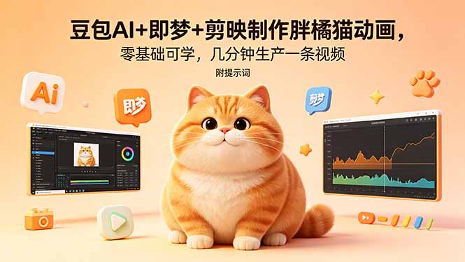 豆包AI+即梦+剪映制作胖橘猫动画，零基础可学，几分钟生产一条视频，附提示词-青禾学社