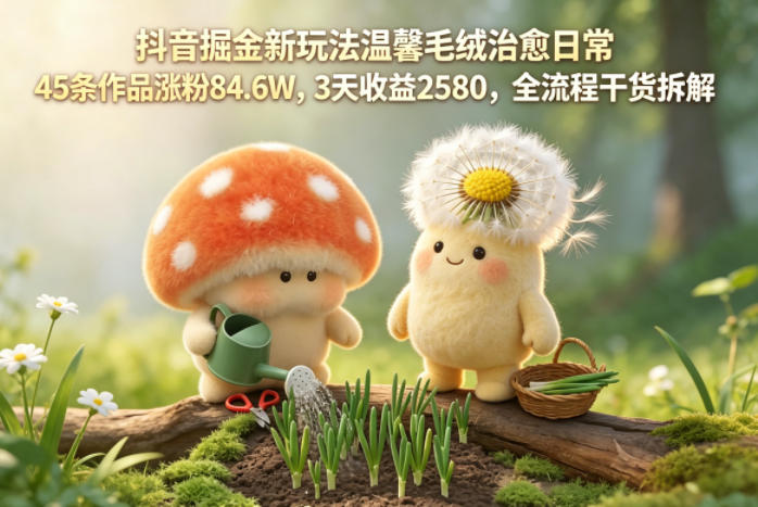 抖音掘金新玩法温馨毛绒治愈日常，45条作品涨粉84.6W，3天收益2580，全流程干货拆解-青禾学社