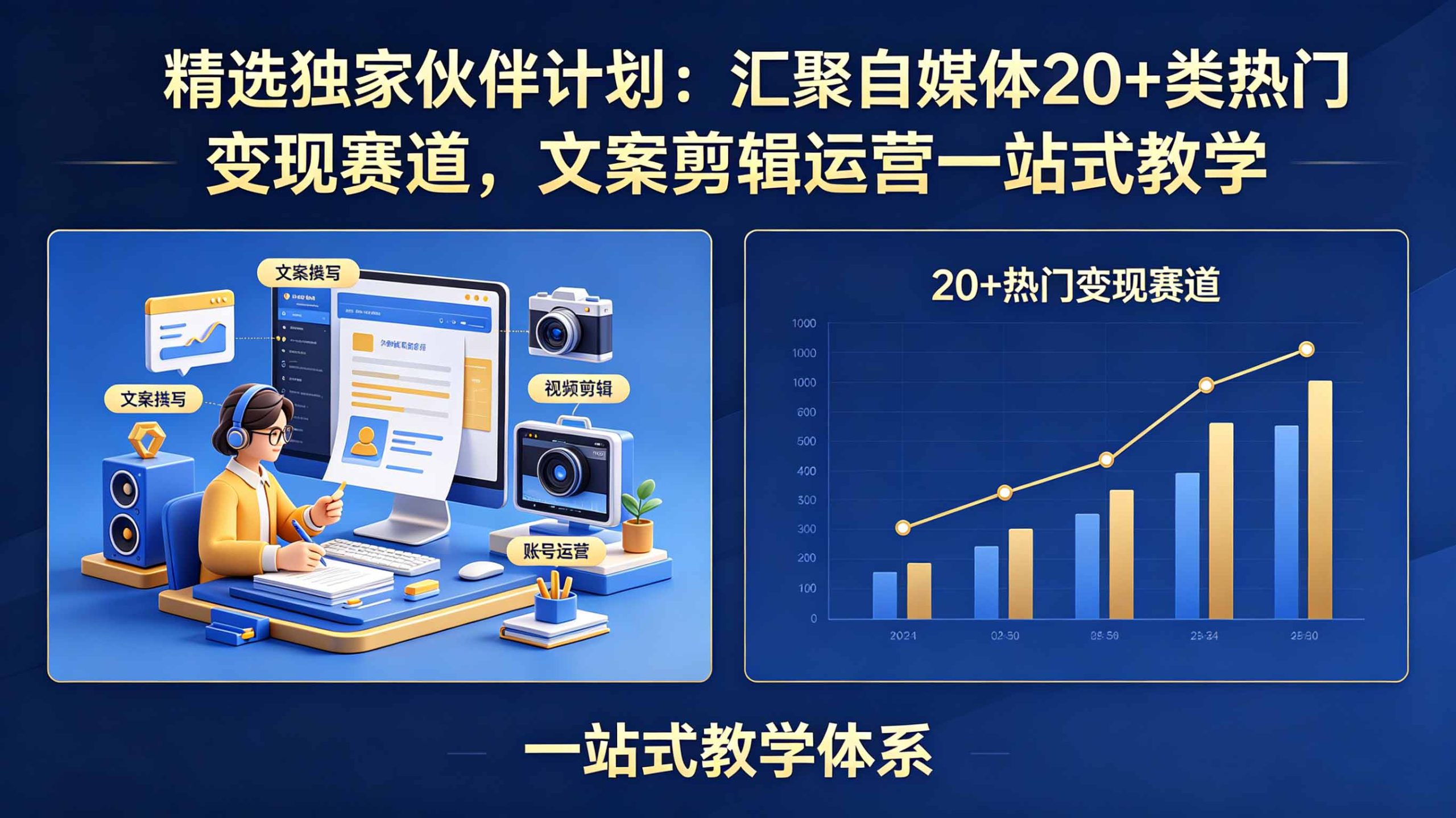 精选独家伙伴计划：汇聚自媒体20+类热门变现赛道，文案剪辑运营一站式教学-青禾学社