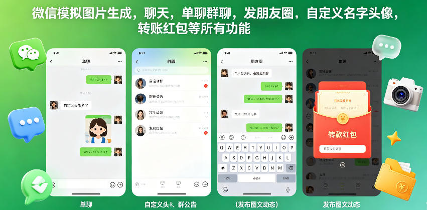 微信模拟图片生成，聊天，单聊群聊，发朋友圈，自定义名字头像，转账红包等所有功能都可以生成-青禾学社