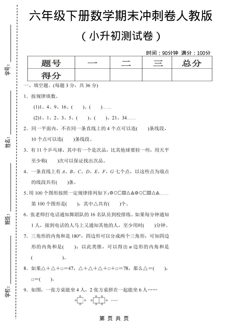 六年级下数学期末小升初冲刺卷《人教版》-青禾学社