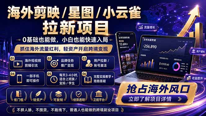 海外剪映 / 星图 / 小云雀拉新项目 普通人也能上手的跨境流量变现副业-青禾学社