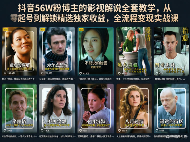 抖音56W粉博主的影视解说全套教学，从零起号到解锁精选独家收益，全流程变现实战课-青禾学社