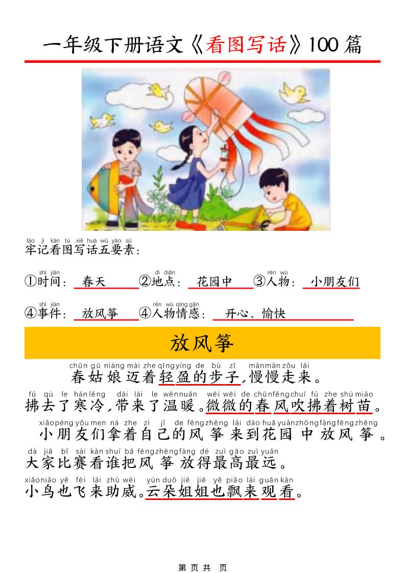 一年级下语文看图写话五要素训练-青禾学社